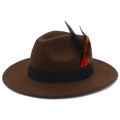 Detailed view of brown wool fedora featuring a black ribbon and colorful feather accent - Coffee