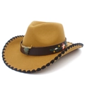 Detail of khaki felt cowboy hat with bull skull metal emblem and floral embroidery - Khaki