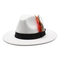 Close-up of white felt fedora hat with black grosgrain band and colorful feather detail - White