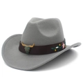 Gray wool felt cowboy hat with bull skull metal buckle and floral embroidery details - Gray