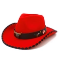 Ethnic Western cowboy hat in vibrant red with bull head leather band and floral embroidery - Red