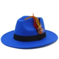 Detail of royal blue fedora hat featuring classic black ribbon and vibrant colored feathers - Blue