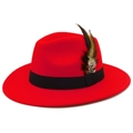 Red wool fedora hat with a black ribbon and leopard print feather decoration - Red