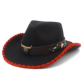 Black Western cowboy hat with red trim, floral embroidery, and a metal bull head ornament - Black