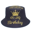Zwarte katoenen vissershoed met gouden kroon en verjaardagstekst voor zonbescherming - It's My Birthday Stijl (BS340)