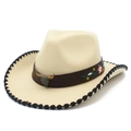 Beige Western cowboy hat with bull head ornament and ethnic embroidery on dark leather band - Beige