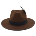 Close-up of brown wool fedora hat featuring black ribbon and colorful feather accent - Coffee