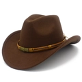 Detail of the bronze skull buckle and woven leather band on the brown wool jazz fedora - Coffee