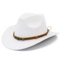 Detail of white wool jazz hat featuring brown belt and bronze metallic pirate relief - White