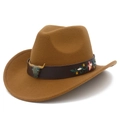 Brown felt cowboy hat with bull head metal badge and colorful floral embroidery - Brown