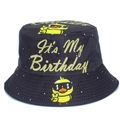 Black bucket hat with yellow duck graphics and It's My Birthday print for outdoor wear - One Size / Black