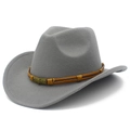 Grey wool felt western cowboy hat with braided brown band and skull metal buckle detail - Gray