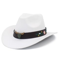 Detail of western cattle skull buckle and floral embroidery on white felt cowboy hat - White