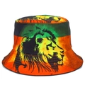 Rasta style bucket hat with green yellow red gradient and black lion print design - One Size / Rasta Lion Print