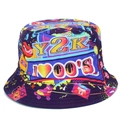 Retro Y2K patterned bucket hat with purple neon print and I love 00s design for summer - One Size / As Shown