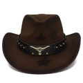 Chapeau de cowboy marron avec motifs d'étoiles et emblème décoratif de tête de buffle - Style Tête de Taureau Étoile en Laine Marron Foncé (4#)