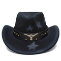 Western cowboy hat with metal bull head, golden rivets, and grey star patterns - Black Gray Star Bull Head Style (6#)