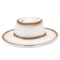 Detail of cream felt fedora hat featuring brown gradient spray edges and a flat brim - Gradient Spray Paint Effect Style / Cream White Gradient Brown