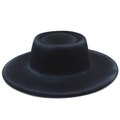 Detail of minimalist black wool fedora with structured flat brim and indented crown - Concave Flat Top Wide Brim Style / Black
