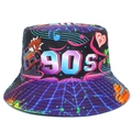 Cappello da pescatore stile retrò anni '90 con motivi neon e design nero reversibile in tela - Taglia unica / Stampa Neon (Reversibile)