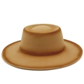 Detail view of the deep camel wool felt hat crown with unique top indentation - Concave Top Flat Brim Fedora / Camel