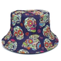 Sombrero de pescador de lona azul con coloridos patrones de calaveras mexicanas y flores - Talla Única (56-58cm) / Calavera Azul Profundo (Reversible)