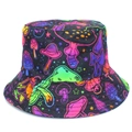 Cappello a secchiello nero con stampa funghi neon e motivi psichedelici fluorescenti - Taglia unica(56-58cm) / Stampa Funghi Neon/Nero (Reversibile)