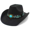 Black wool felt western cowboy hat with ethnic floral embroidery and turquoise stone - Black