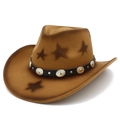 Detail eines braunen Cowboyhuts mit Filztextur, Sternenprint und Metallschnallenband - Braun