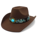 Detailed view of brown felt cowboy hat with ethnic embroidery and turquoise stone - Coffee