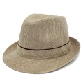 Gros plan sur la texture tressée et le ruban brun du chapeau fedora d'été - Taille unique / Kaki
