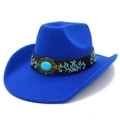 Détail d'un chapeau de cowboy en feutre bleu roi avec broderie ethnique et turquoise - Bleu Royal