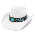 Detail of white cowboy hat featuring embroidered ethnic band and turquoise buckle - White