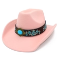 Detailed view of pink western cowboy hat with turquoise embellishment and floral embroidery - Pink