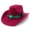 Detail of rose red wool jazz hat with blue floral embroidery and turquoise stone - Burgundy
