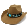 Chapeau de cowboy ethnique en feutre camel avec boucle turquoise et ruban brodé - Kaki