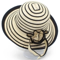 Elegant wide brim sun hat for women with black stripes and decorative flower - Black