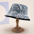 Detail of bohemian paisley print on a classic cotton bucket hat for outdoor sun protection - Cyan Blue Gray White Paisley Floral (56)