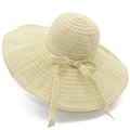 Cappello da sole elegante a righe con tesa larga e fiocco decorativo per signora - Beige