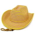 Pink and yellow striped straw cowboy hat with brown chin strap for summer sun protection - One Size / Yellow
