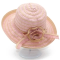 Women's summer sun hat with pink striped weave and fabric flower on a display stand - Pink