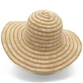 Women's foldable straw sun hat with wide brim and striped yellow stitching pattern - One Size / Brown