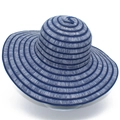 Women summer wide brim straw sun hat with blue and white stripes for UV protection - One Size / Dark Blue