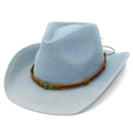 Classic light blue denim cowboy hat with brown leather band and skull badge - Light Blue