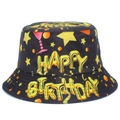 Black Happy Birthday bucket hat with golden balloon print and party star patterns - Bs482 / One Size