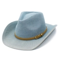 Détail du chapeau de cowboy en denim bleu clair avec bande en cuir et boucle dorée - Style Ceinture Marron Vintage (3#)