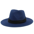 Navy blue straw panama hat with black ribbon, summer fedora sun hat for outdoor sun protection - One Size / Dark Blue