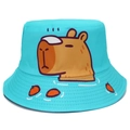 Sky blue bucket hat with cute cartoon capybara print and reinforced stitching for sun protection - One Size / Sky Blue Capybara Print
