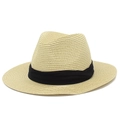 Classic beige Panama straw hat for men and women with black ribbon band and wide brim - One Size / Khaki