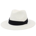 Classic white woven Panama hat with black ribbon band and elegant Fedora style crown - One Size / White